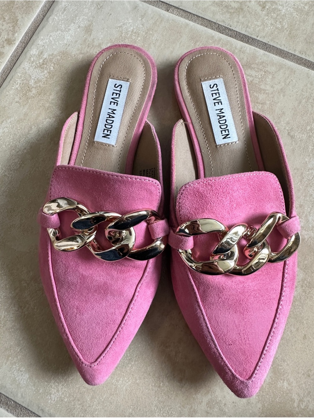 Steve Madden Finn Pink Suede Gold Chain Mule Loafers Size 6M